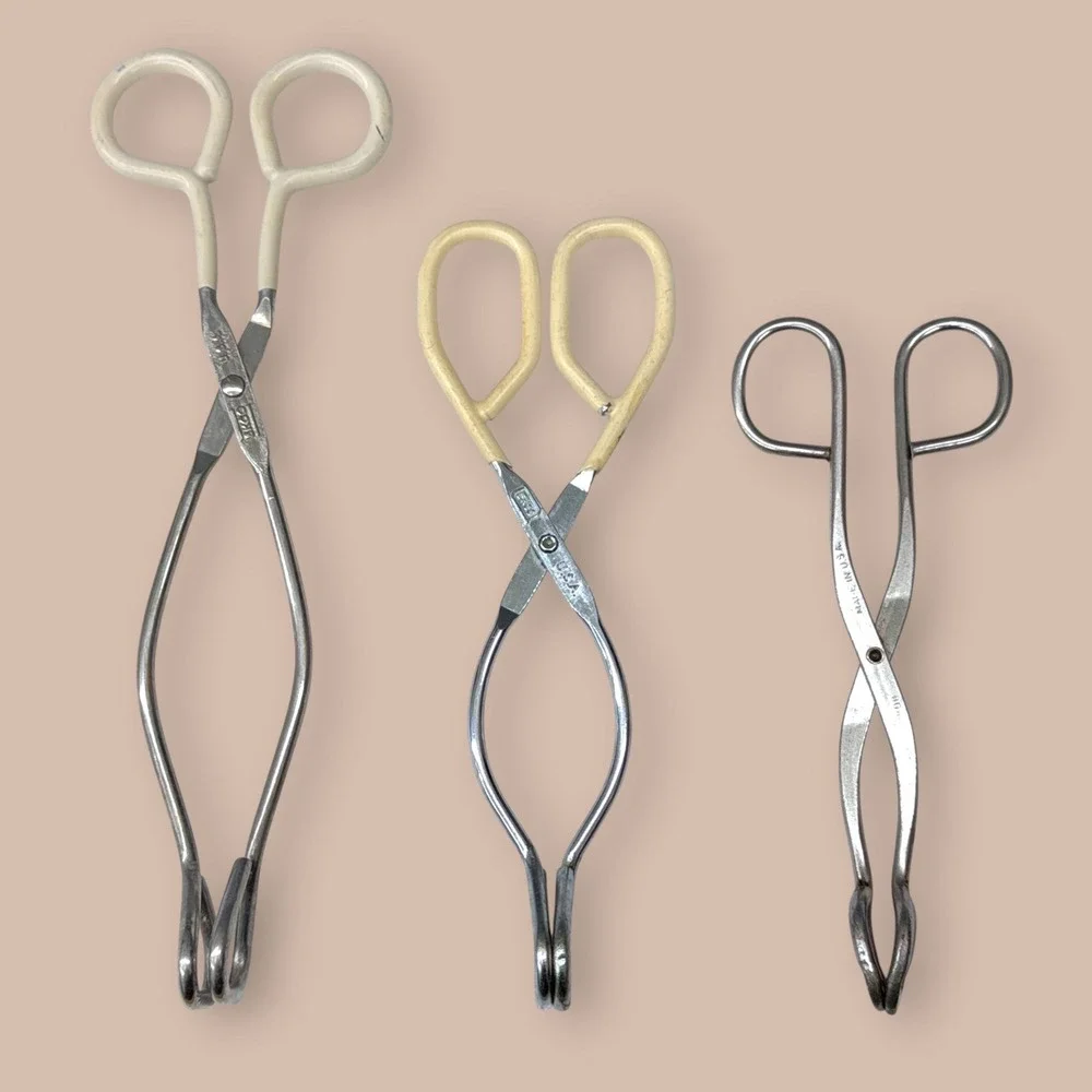 Vintage‎ EKCO USA Kitchen Tongs Set of 3 Metal Scissor Style Tongs Silver Cream